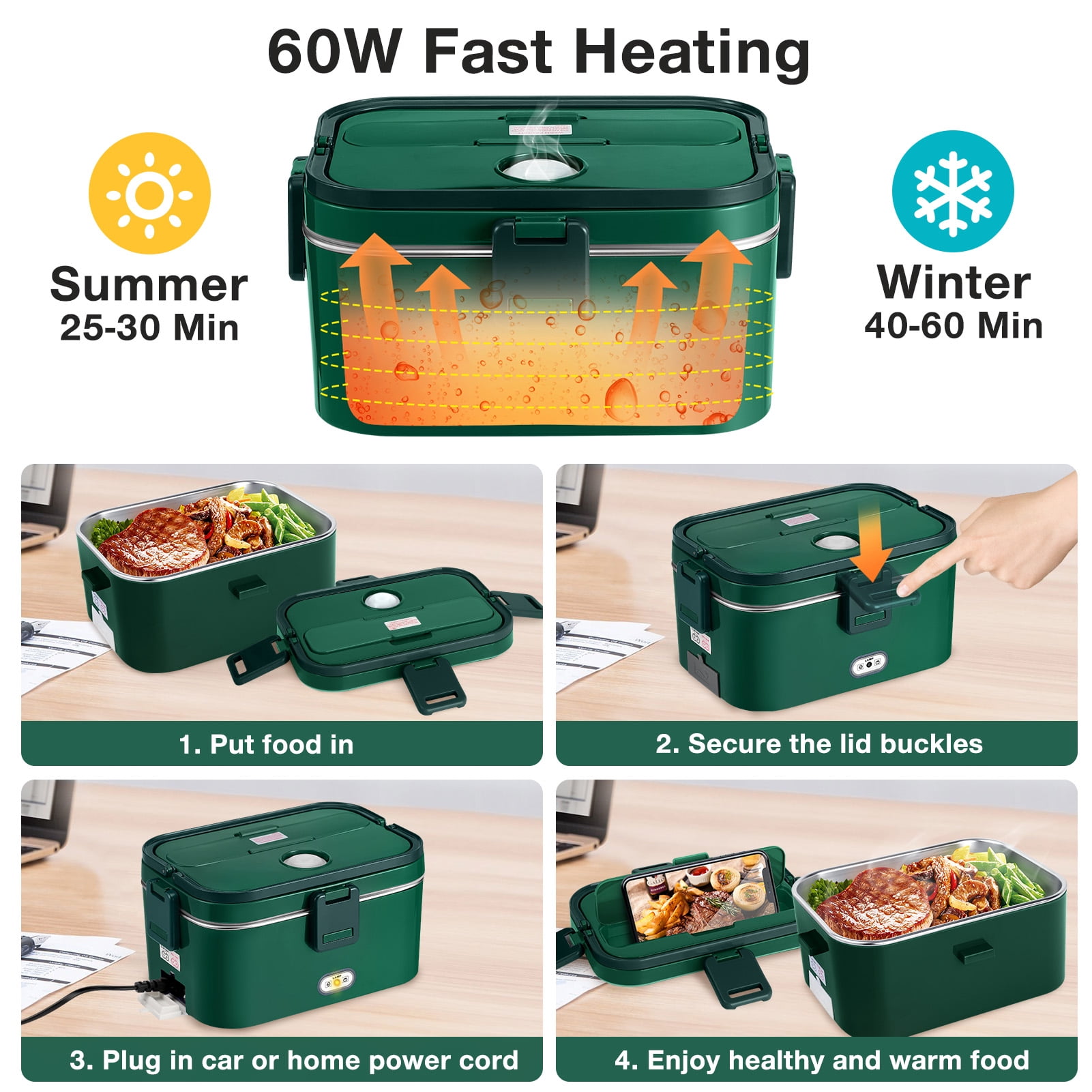 Livhil Electric Lunch Box Food Heater, Portable Food Warmer, Hot Lunch Warmer Heated Lunch Box for Adults, 60W 1.8L 12V-24V 110V Stainless Steel Container Portable Food Heater (Green+Army Green)
