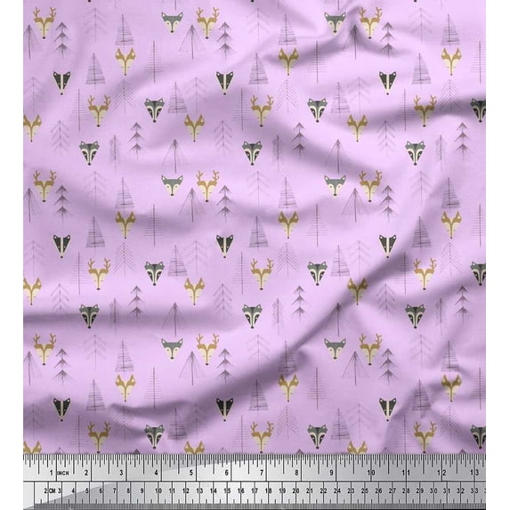 Soimoi Rayon Fabric Artistic Tree,Reindeer & Fox Face Kids Print Fabric by The Yard 42 Inch Wide