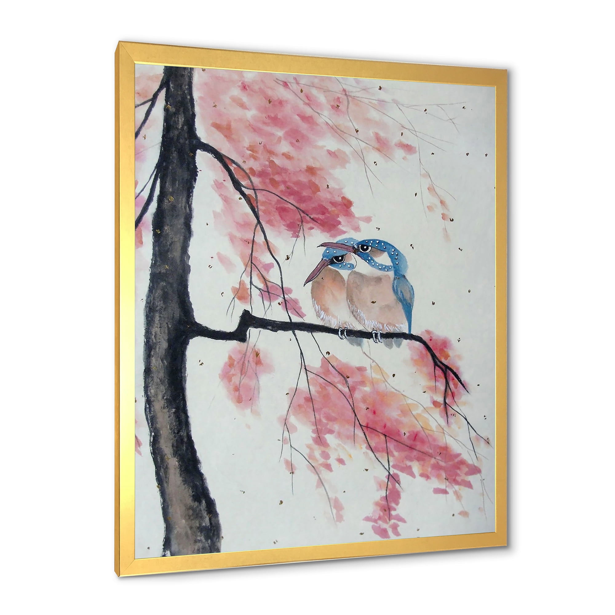Two Blue Kingfisher Birds Sitting On A Flowering Branch 30 in x 40 in Framed Painting Canvas Art Print, by Designart