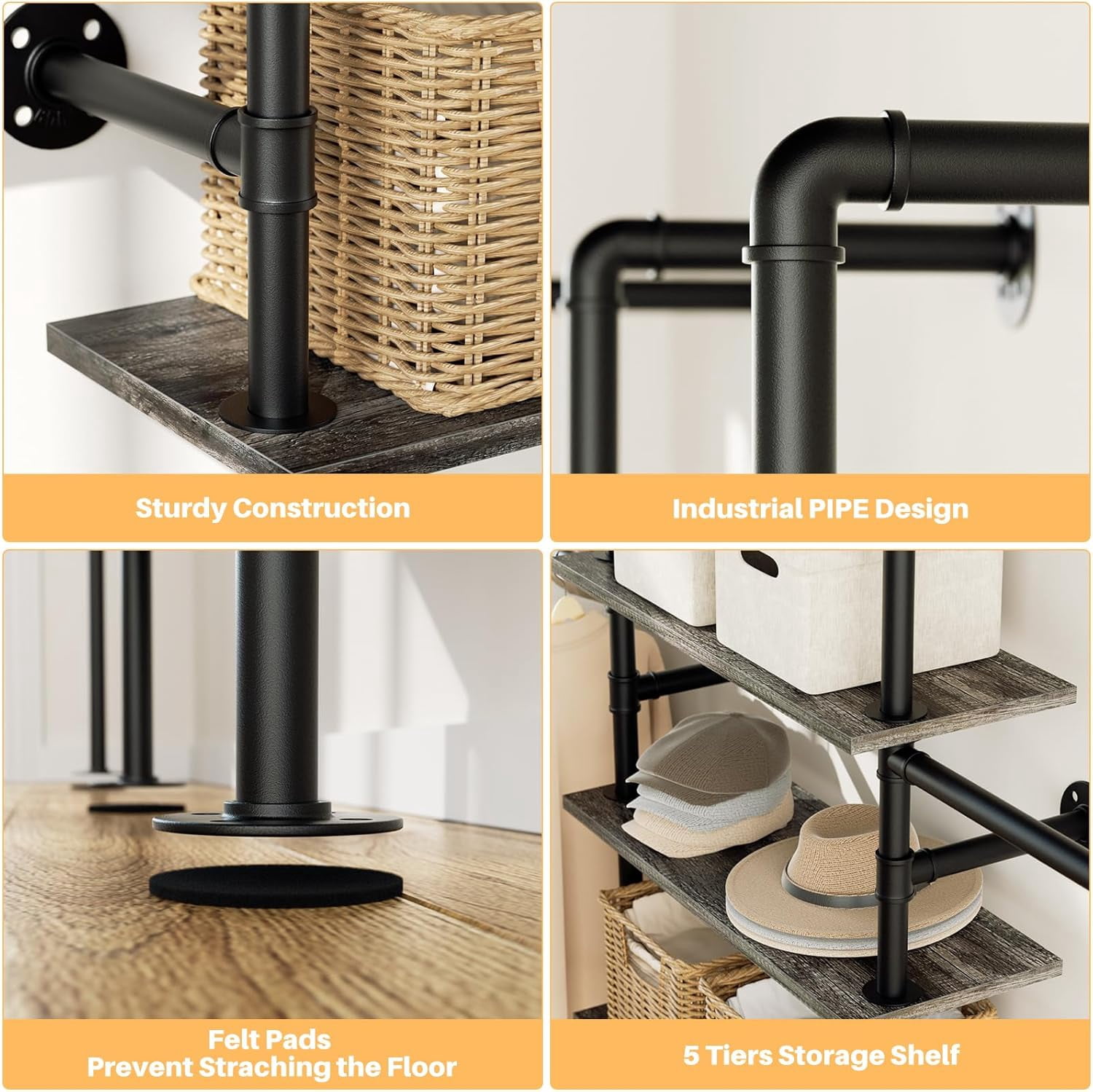Homieasy 77‘’ Closet System, Industrial Pipe Clothing Rack, Black Oak