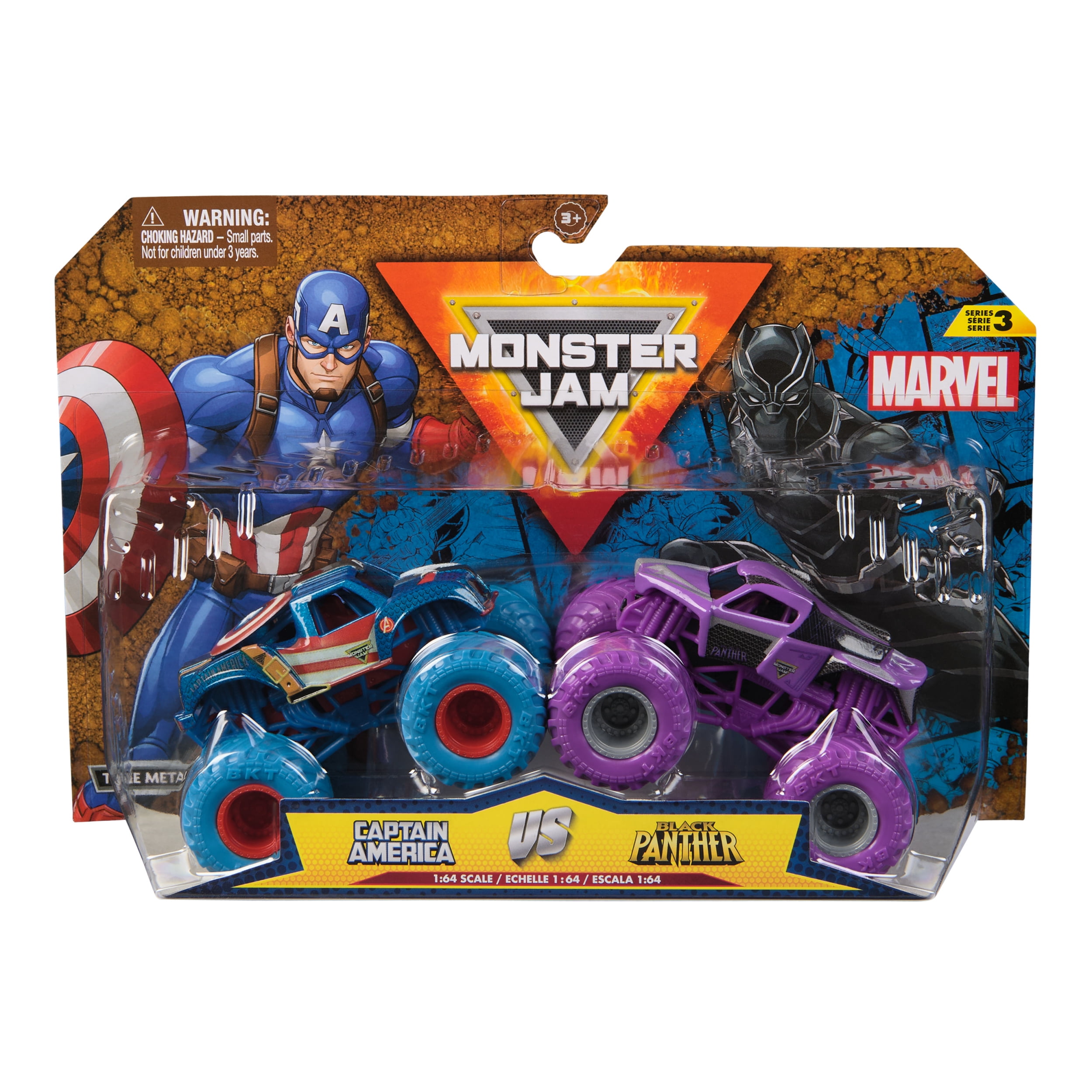 Monster Jam, Monster trucks Marvel Captain America Vs. Black Panther officiels en métal moulé, échelle 1:64, jouets pour garçons et filles à partir de 3 ans