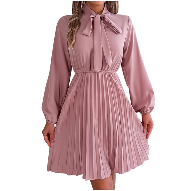 cfhntfmh Robes d'Invité de Mariage pour Femmes Tendance Nœud Papillon Manches Longues Robe de Soirée Ample Plissée Ligne A Mini Robe