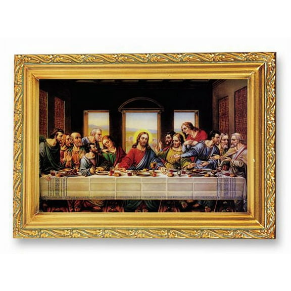 Last Supper Picture Framed Wall Art Decor Small, Antique Gold-Leaf Finished Frame with Acantus-Leaf Edging