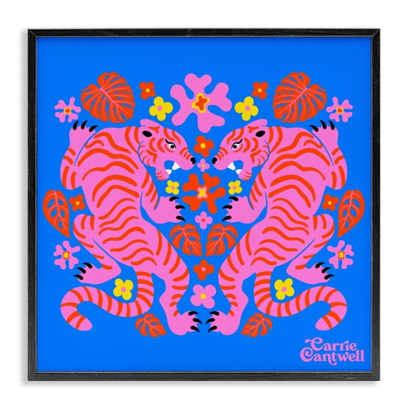 Stupell Industries Pink Tigers and Monstera Black Framed Giclee Art, design by Carrie Cantwell