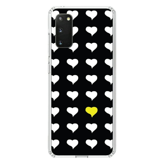 DistinctInk Clear Shockproof Hybrid Case for Galaxy S20 PLUS / 5G (6.7" Screen) - TPU Bumper, Acrylic Back, Tempered Glass Screen Protector - Yellow White Black Repeating Hearts