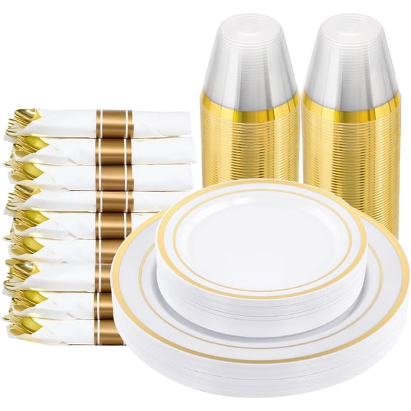 Bestluck 175 PCS White and Gold Plastic Dinnerware Set for 25 Guests, 50 Disposable Plates for Party, 25 Pre Rolled Napkins with Gold Silverware, 25 Cups