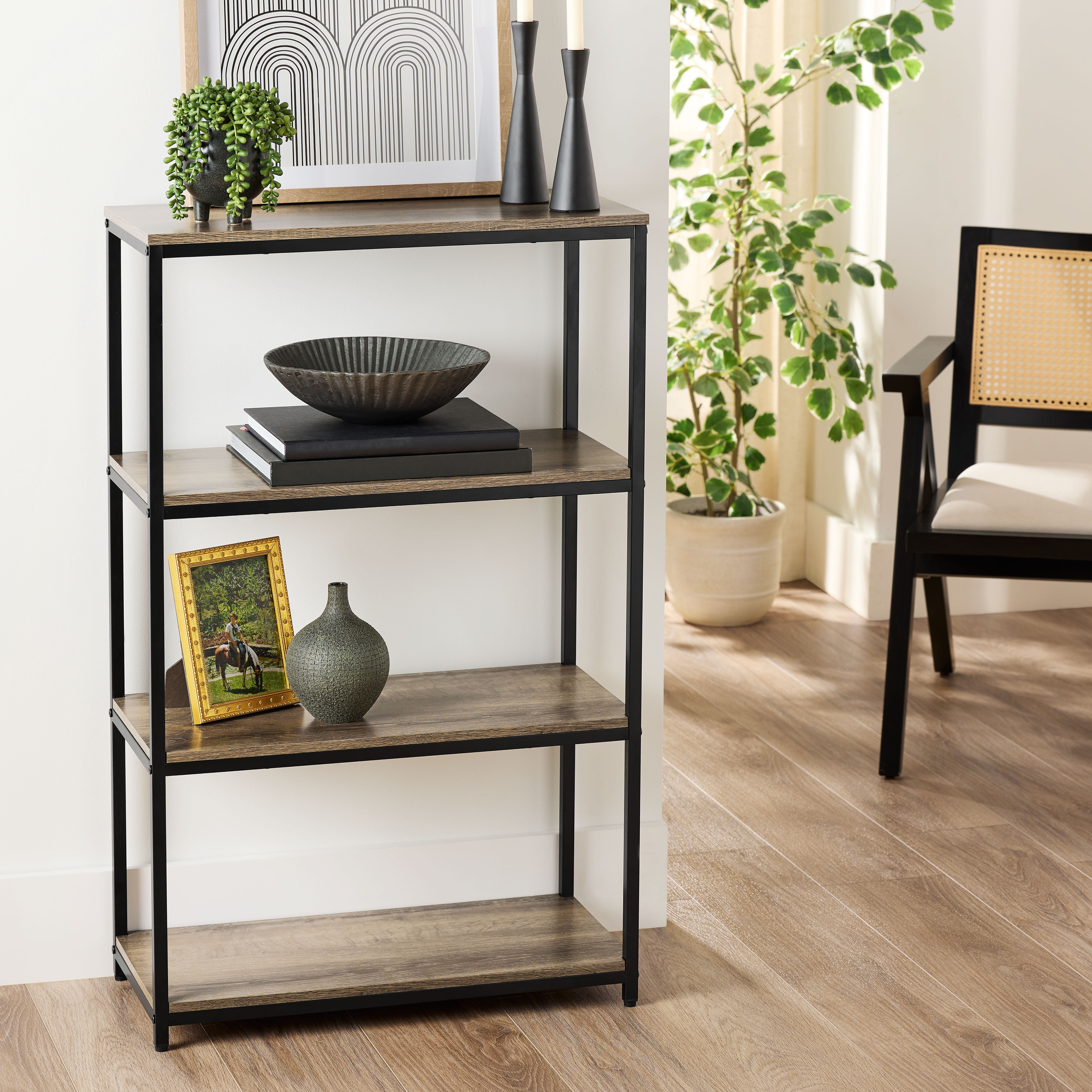 Mainstays 4-Shelf Metal Frame Bookcase, Rustic Brown Finish