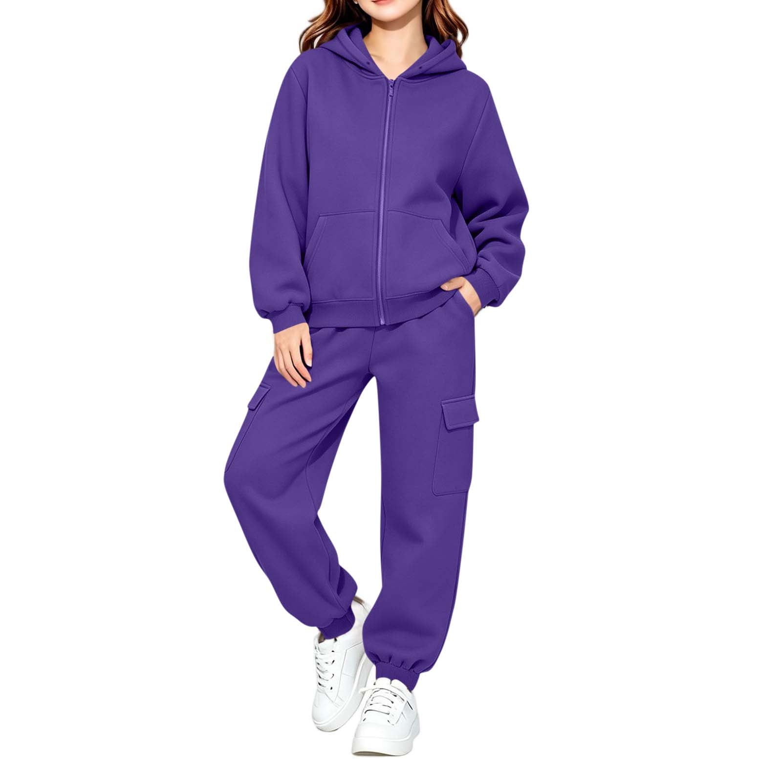 Hduncf Kids Unisex Plain Tracksuit Hoodie with Joggers Jogging Sweatpants Sports Activewear Set Girls Boys 2-14 years Purple 140