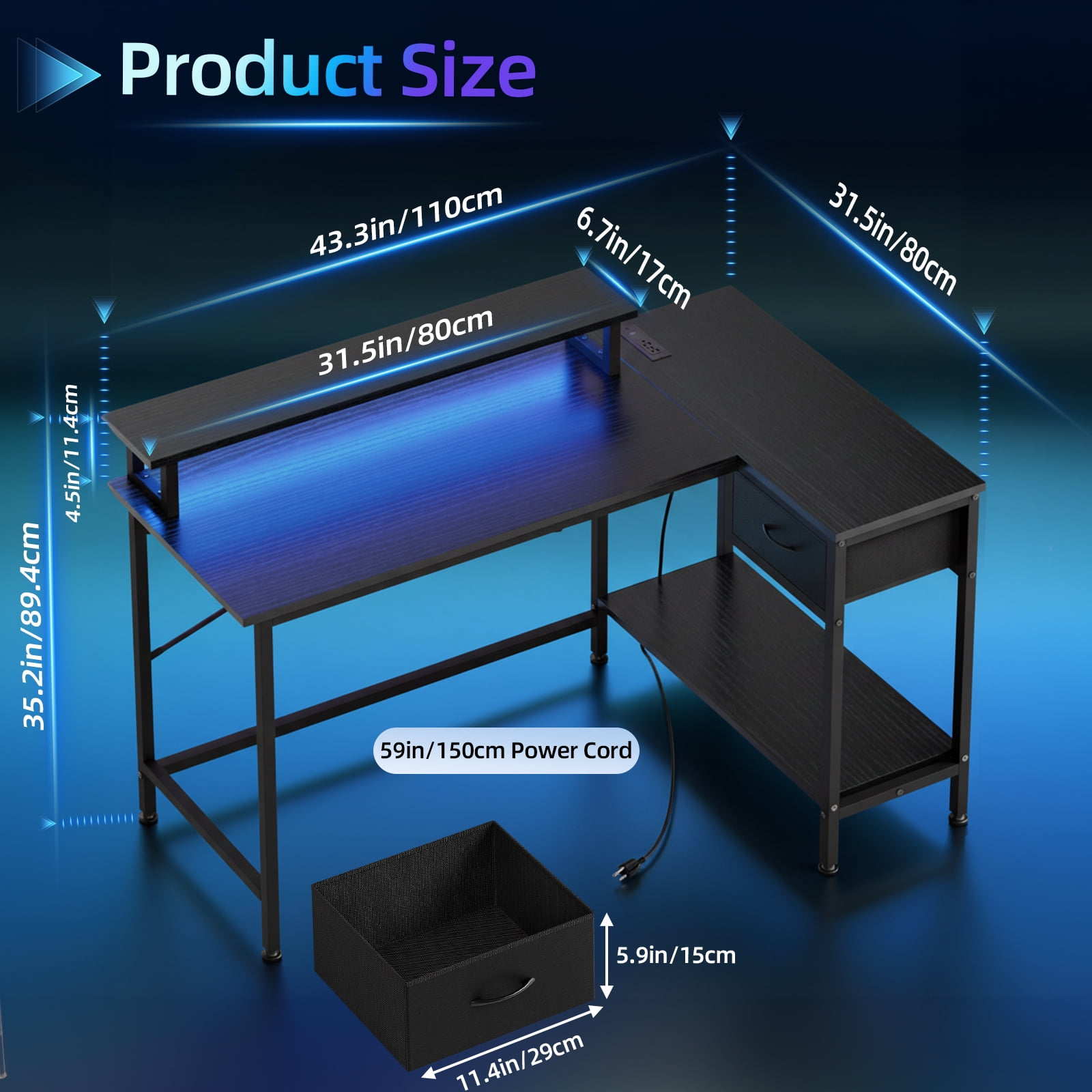 Fairy L Shaped Gaming Desk, 43in Computer Desk with Charging Port (Black)