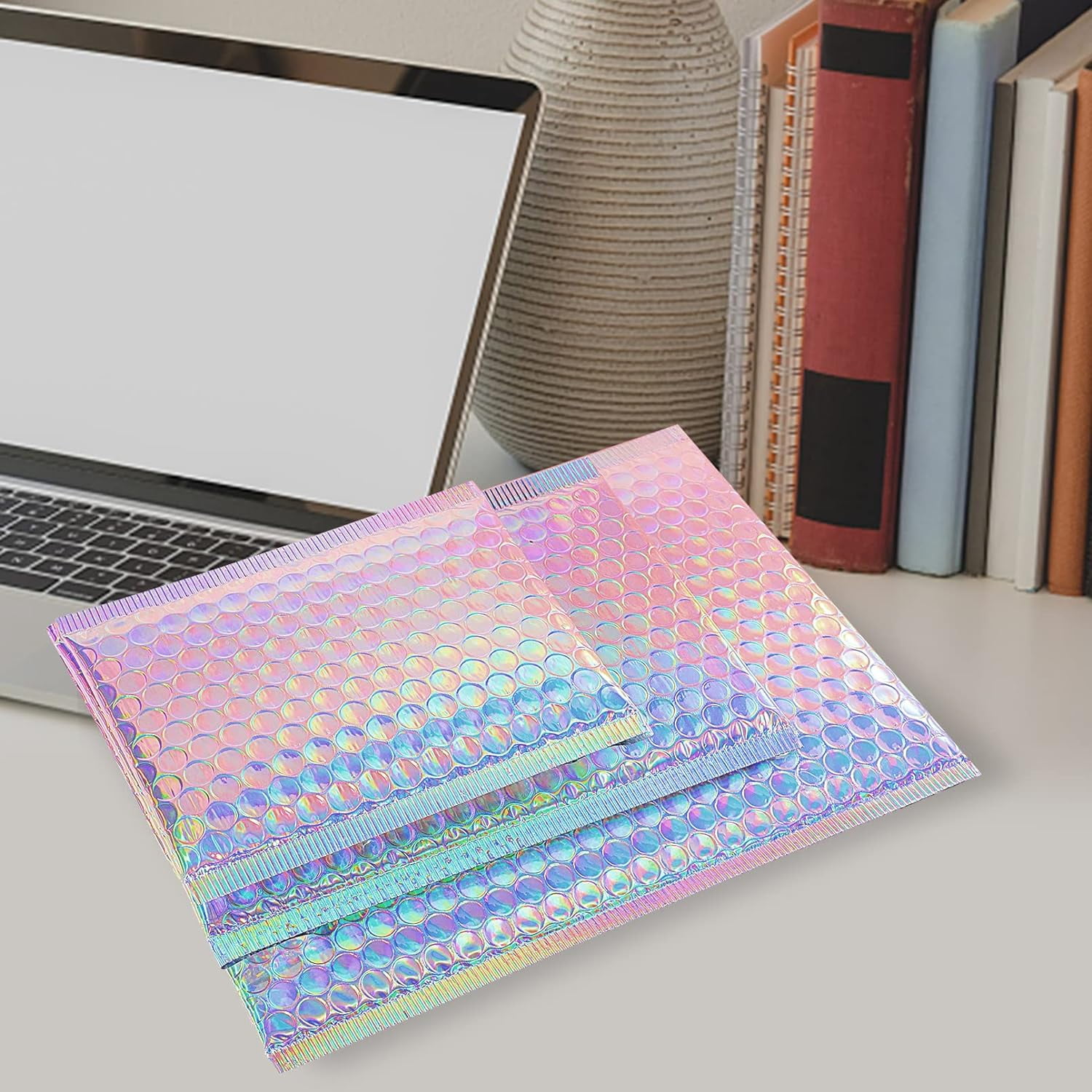 50 Pcs Metallic Bubble Mailers,Poly Padded Envelopes,Waterproof Self Seal Adhesive Shipping Bags,Foil Glitter Glamour Shipping Mailer,Holographic Cushion Envelopes for Mailing,Packing,Small Business