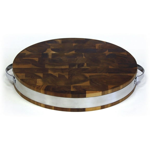 Mountain Woods Brown Extra Thick Acacia Hardwood End Grain Round Cutting Board w/ Stainless Steel Band - 15"
