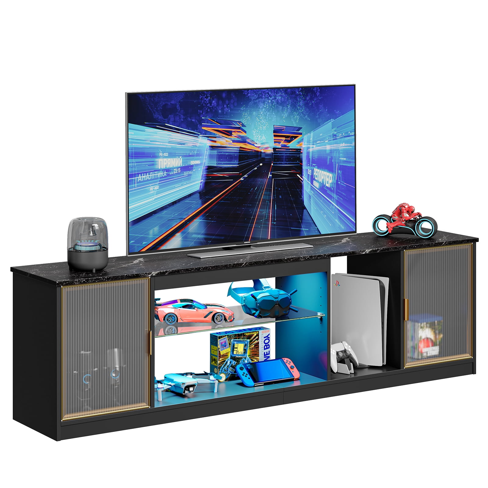 Bestier LED TV Stand for TVs up to 75", Gaming Entertainment Center with Storage Cabinet for PS5, TV Console for Living Room, Black Marble