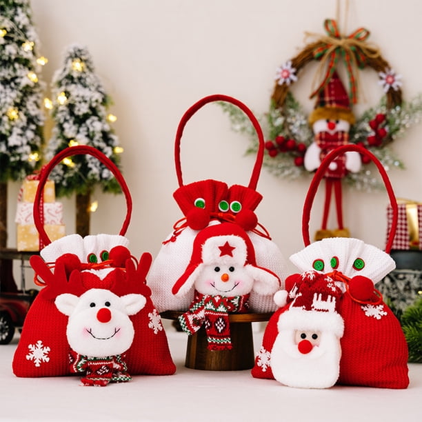 Bolsas de regalo navideñas con muñecos de muñeco de nieve de Papá Noel - Bolsillo de cordón tejido de 8,66x7,48 pulgadas para caramelos y pequeños regalos