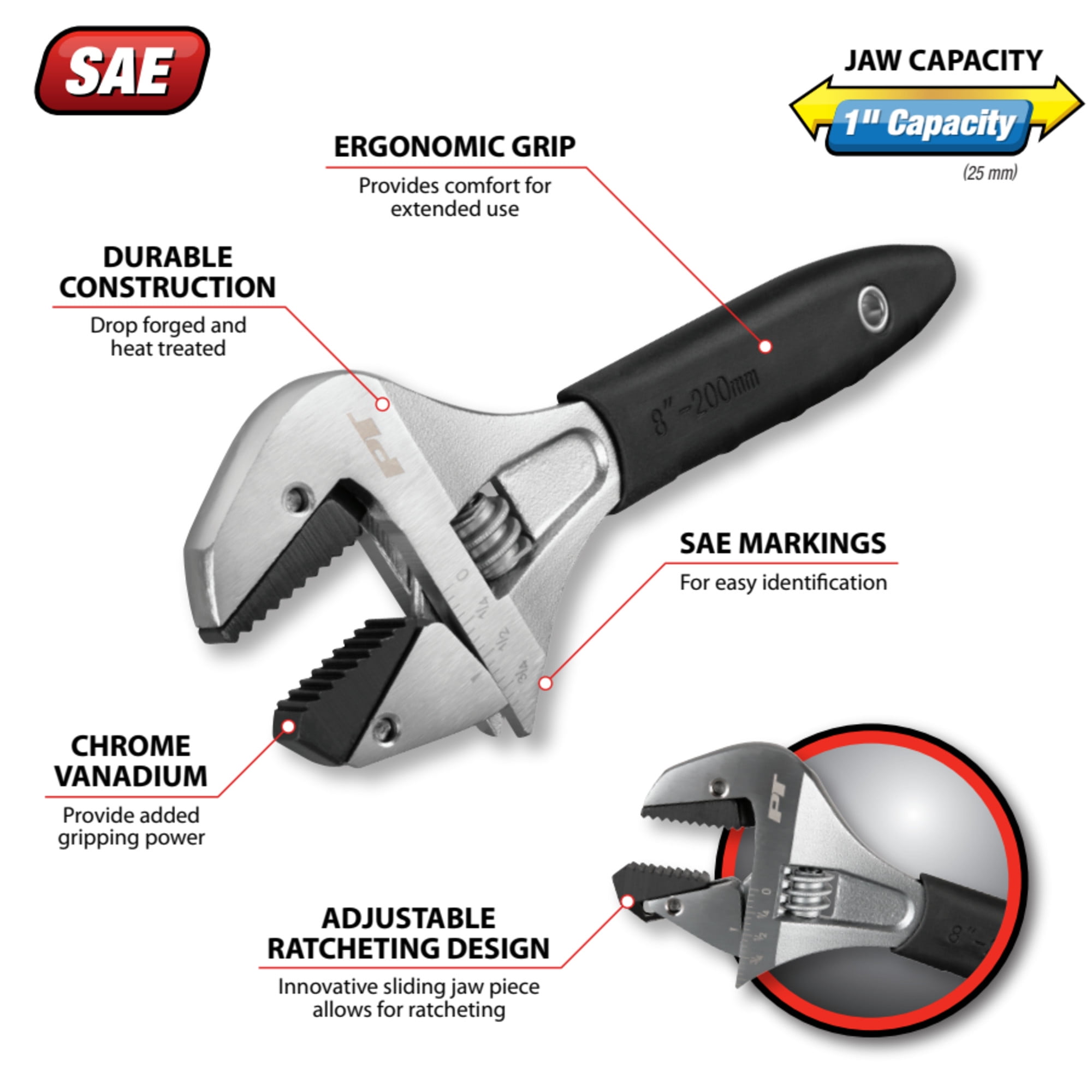 Performance Tool W30625 8 In. Ratcheting Adjustable Wrench - Sliding Jaw, Adjustable, Chrome Vanadium Directional Teeth, Black