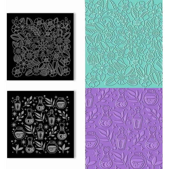 1Set 2PCS Acrylic Clay Textured Mats Mandala Flower & Magic Bottles Square Clay Texture Plate Sheets for DIY Crafts & Jewelry Making 4x4 Inch