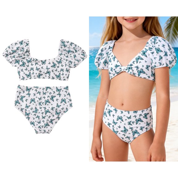 Swimsuits for Kids Girls Short Sleeve Crop Top Two Piece Bathing Suits with Chest Pad Kids Bathing Suits 9-10 Years