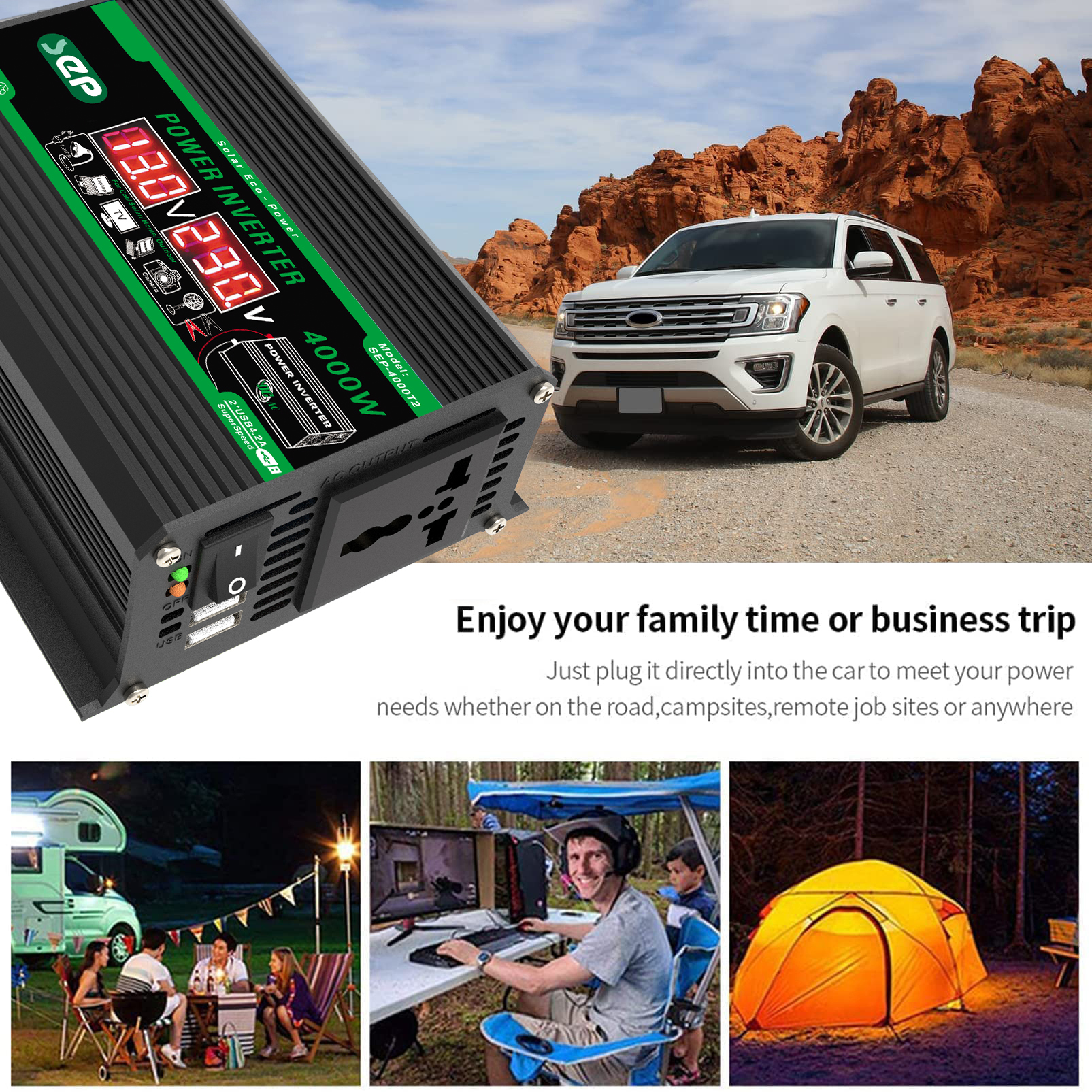 4000W Dual Digital LCD Display Solar Inverters DC 12V To AC 110V 220V Portable Power Bank Car Converter for Camping RV (12V-220V)