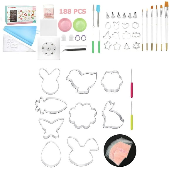 Kasmoire 188-Pcs Cookie Decorating Supplies Kit Bundle with 9-Pcs Easter Cookie Cutter Set