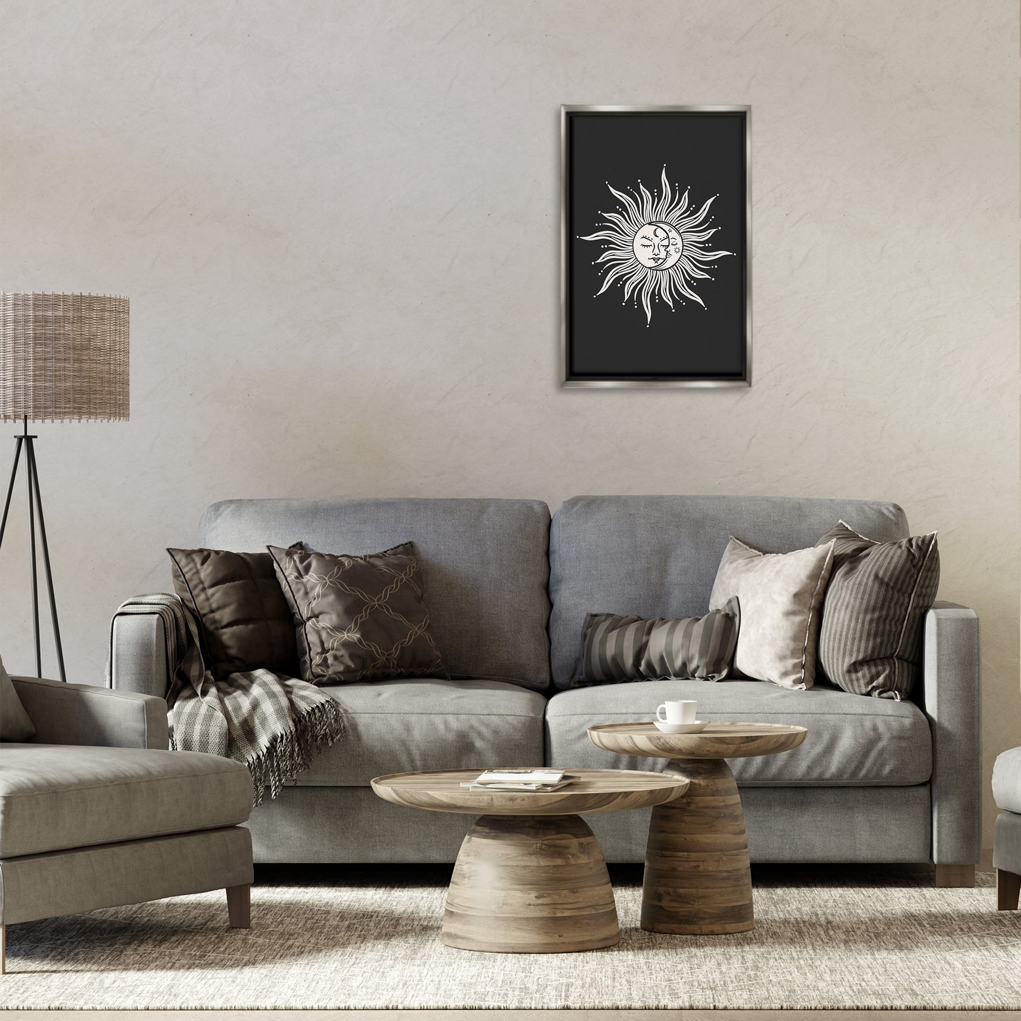 Stupell Industries Celestial Sun on Black Astrology & Stars Painting Gray Floater Framed Canvas Art Print Wall Art, 17 x 25