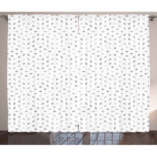 Grey and White Curtains 2 Panels Set, Geometric Diamond Shaped Mosaic