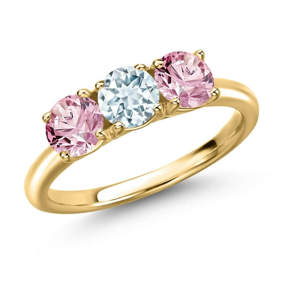 Gem Stone King 18K Yellow Gold Plated Silver Sky Blue Aquamarine and Pink Lab Grown Diamond Engagement Ring for Women | 1.50 Cttw | Round 5MM | Gemstone March Birthstone | Size 6
