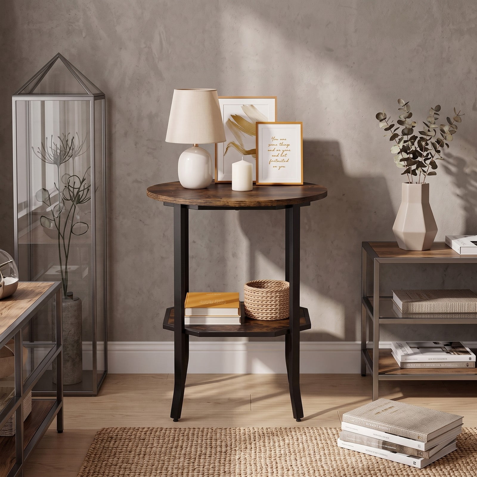 Furnibear Round Side Table Small End Table with Storage Shelf, 2-Tier Nightstand Sofa Bedside Table for Small Space Living Room Bedroom, Rustic Brown