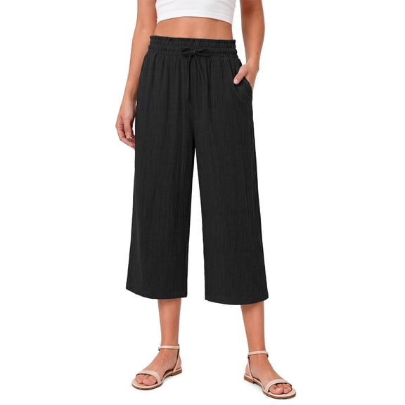 Fantaslook Women Capri Pants Wide Leg High Waisted Drawstring Capris Summer Casual Linen Cropped Pants with Pockets