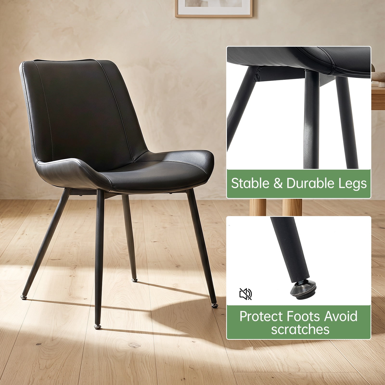 Modern Faux Leather Dining Chairs Set of 2, Upholstered Kitchen & Dining Room Chairs with Backrest, Durable Metal Legs (Black, Black Legs)