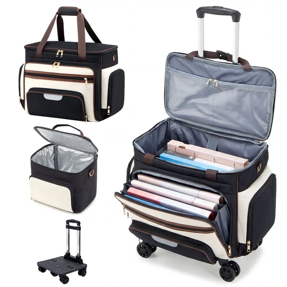 Rolling Craft Bag,Rolling Teacher Bag with Insulated Lunch Bag, Large Sewing Machine Tote & Accessory Storage, Detachable Rolling Transport Tote for Crafts, Teaching, Office, Black