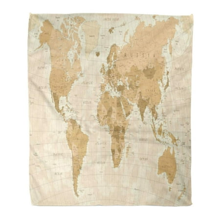 ASHLEIGH Flannel Throw Blanket Brown Old World Map Vintage Beige Physical Cartography Flat Retro Travel 58x80 Inch Lightweight Cozy Plush Fluffy Warm Fuzzy
