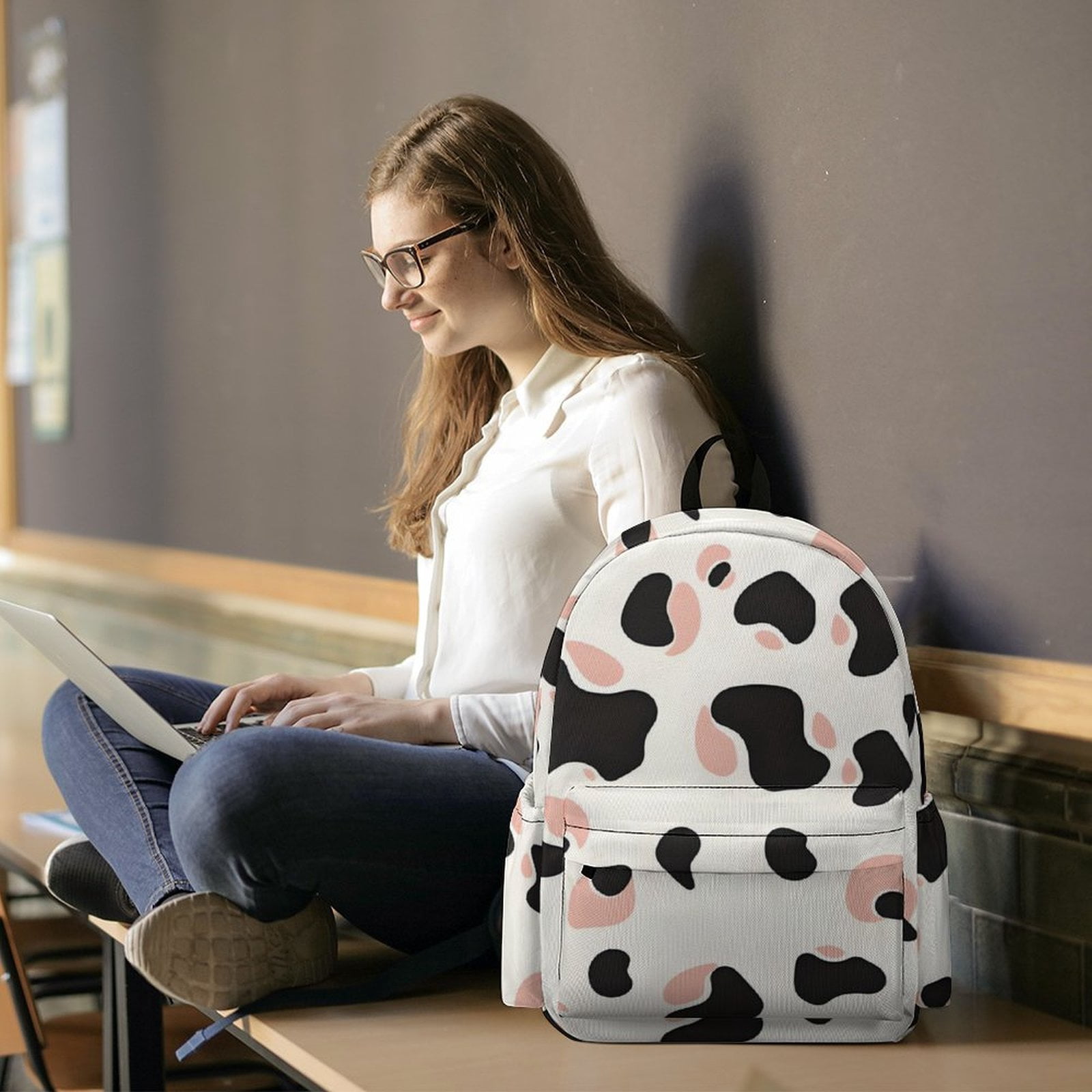 Large Capacity Half Print Backpack 11.8×16.5×5.9in Multifunctional Zipper Design Convenient Switch Simple Cow Print Pattern White Background, Pink And White_2