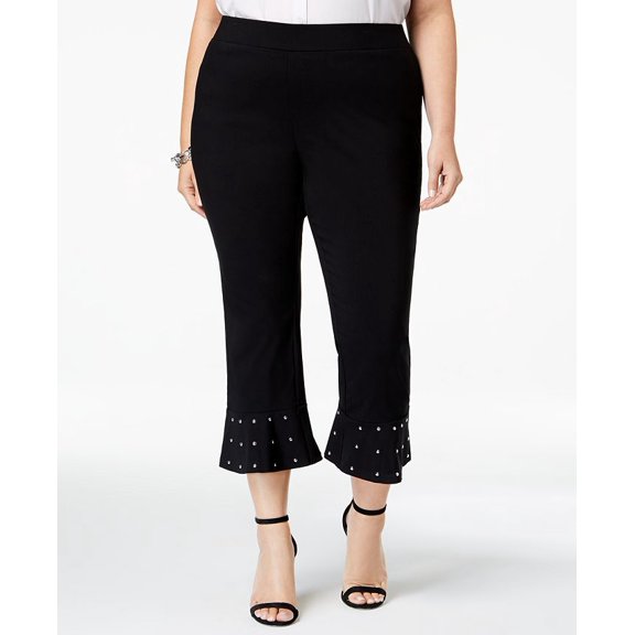 INC International Concepts Women's Plus Ponte Studded Capri Pants Black Size 14W