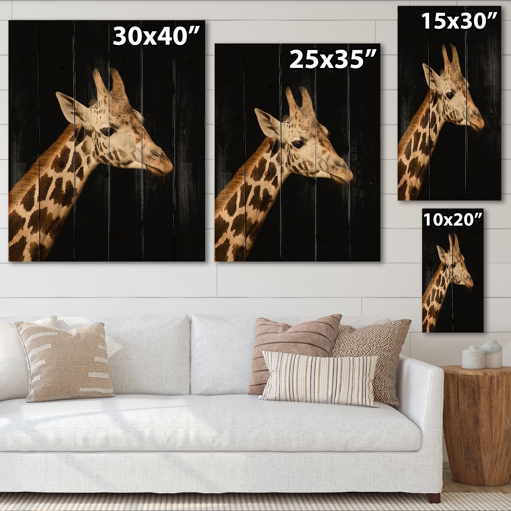 Designart 'Close Up Portrait Of A Giraffe On Black IV' Farmhouse Print on Natural Pine Wood
