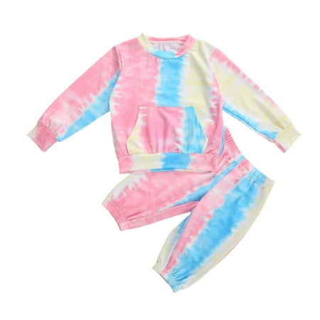 

One opening Tie-dye Children Wear Set Toddler Girls Long Sleeve T-shirt with Large Pocket+ Elastic Waist Trousers