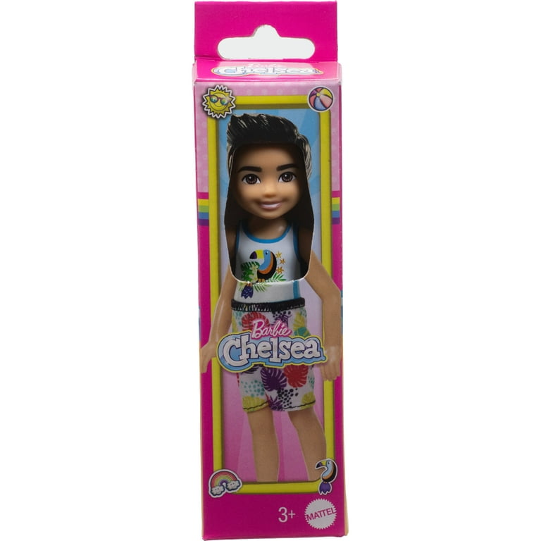 Barbie Chelsea Small Doll with Beach Swimsuit Toucan Tropical Leaf Print Black Hair Brown Eyes