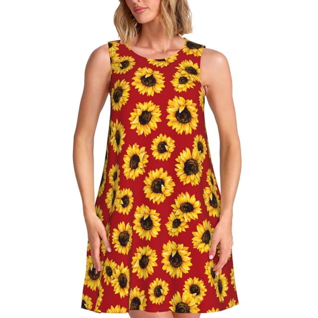 Disketp Sunflowers On Red para Vestido sin Mangas para Mujeres, Vestidos de Verano para Mujeres, Casual y Holgado para la Playa