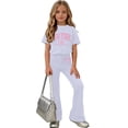 thumbnail image 5 of Amidoa Girls Summer 2 Piece Outfits Kids Print Short Sleeve and Pants Casual Clothing Sets White Size 5T, 5 of 7