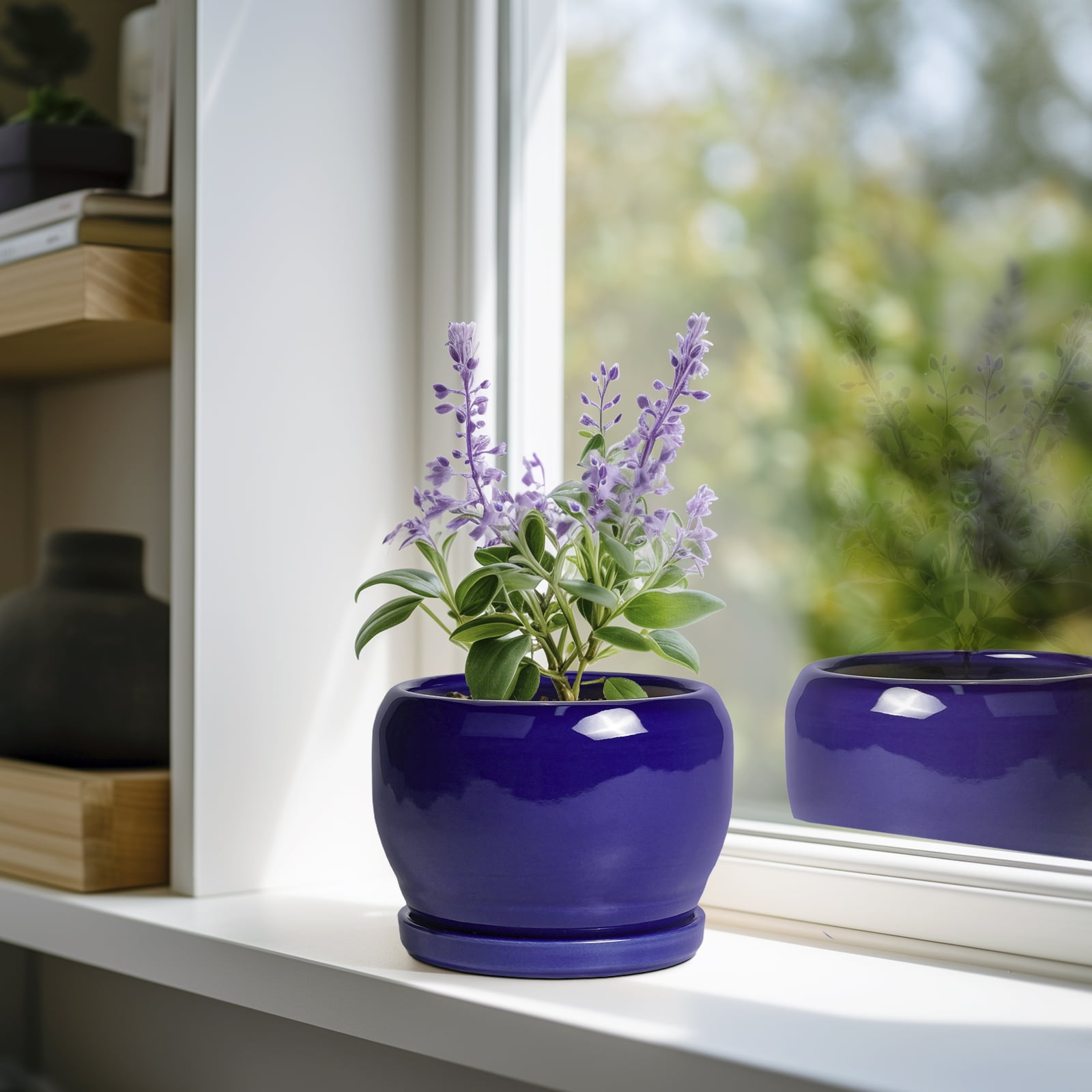 Ordivic 6 inch Cobalt Blue Ceramic Plant Pot with Saucer & Drainage Hole, Small Indoor Flower Planter for Succulents & Herbs, Home Decor