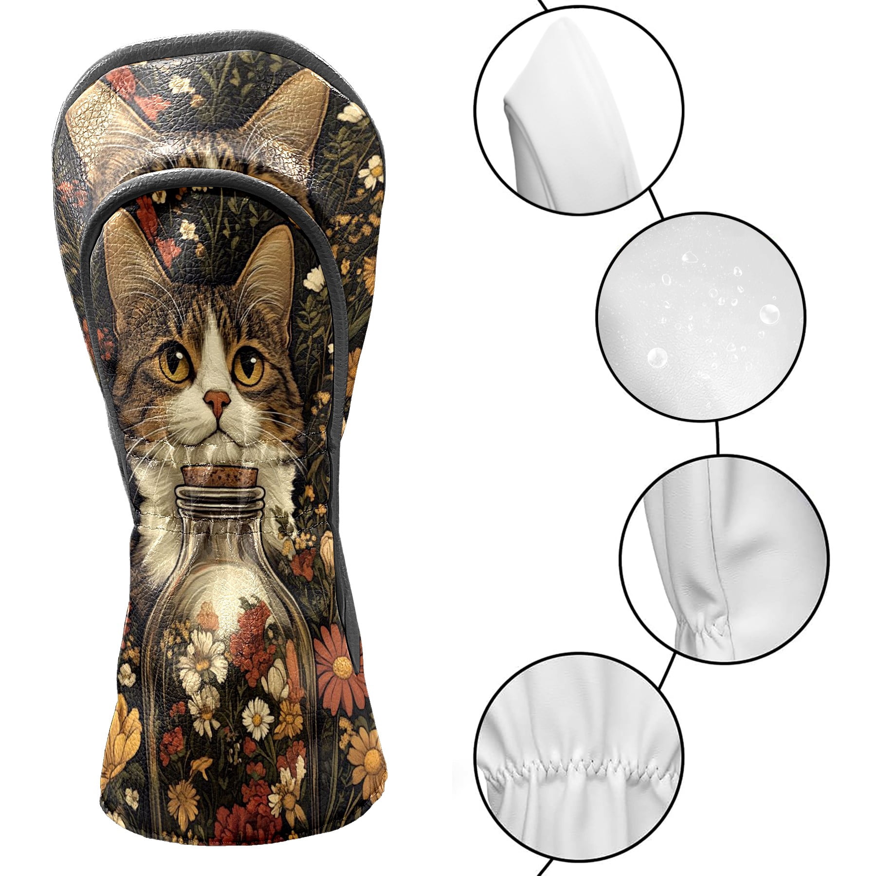 Golf Club Covers PU Leather Waterproof Head Covers for Fairway Woods Hybrids Cats And Flowers Unisex Fits Most Brands