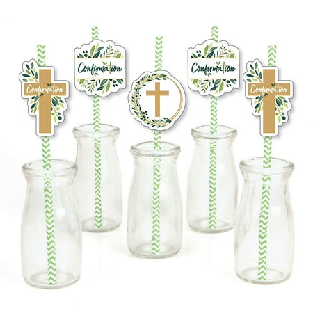 Elegant Straw - Confirmation Elegant Cross - Paper Straw Decor - Religious Party Striped Decorative Straws - Set of 24