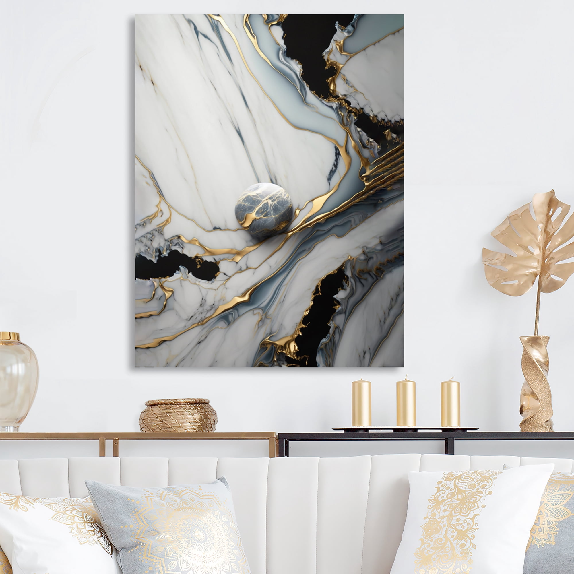 Designart Abstract Geode Gold And White Marble III Canvas Wall Art