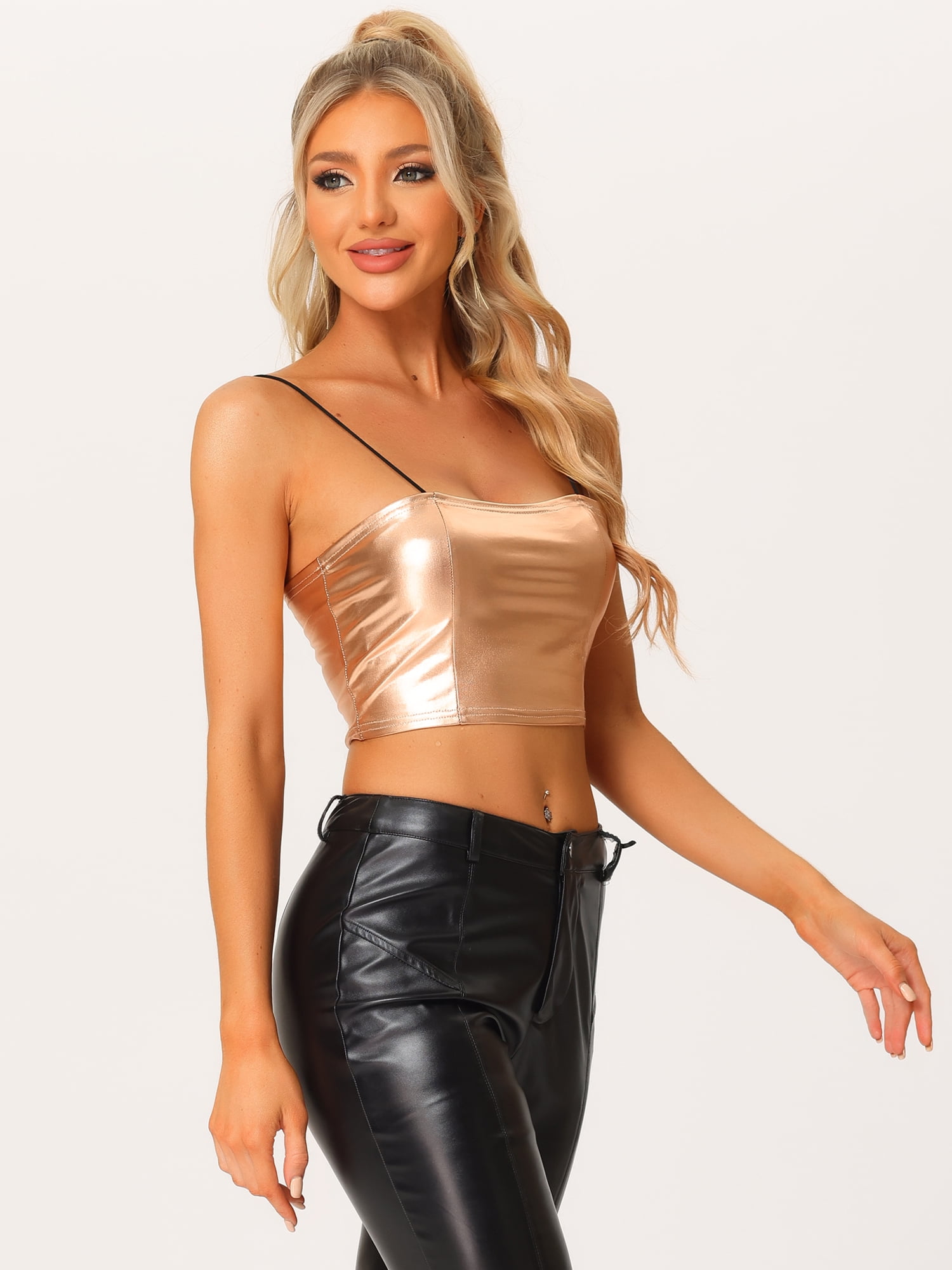 DARIGN DIVA Women's Sparkly Shiny Metallic Crop Cami Tops XL Champagne