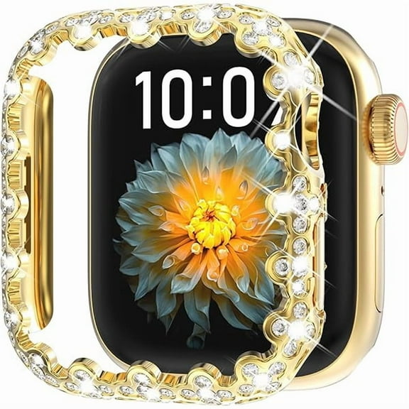 lulufa Bling Bumper Case Compatible with Apple Watch Series 9 8 7 45mm, Four-Leaf Clover Crystal Diamond Protective Face Cover for Women, Hard PC Frame Protector for Apple Watch Case 45mm, Gold