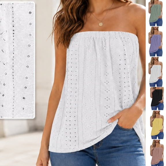 Xdegoge Tube Top for Women Strapless off Shoulder Sleeveless Beach Smocked Chest Eyelet Embroidery Geometric Lightweight Cotton Feel Summer Spring Tops Party Clubwear