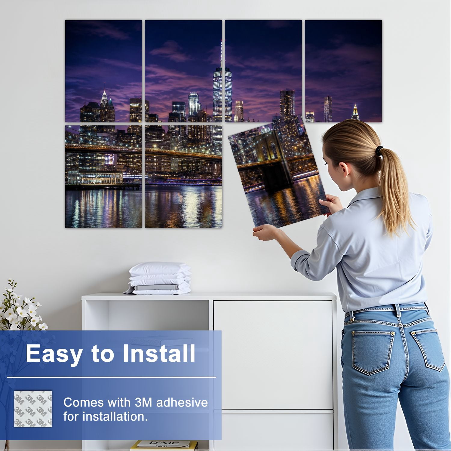 8 Pack Art Acoustic Panels Sound Absorbing New York skyline Brooklyn Bridge by night Decorative Soundproof Wall Panels Self Adhesive for Nursery Game Room Bedroom 48"x32"