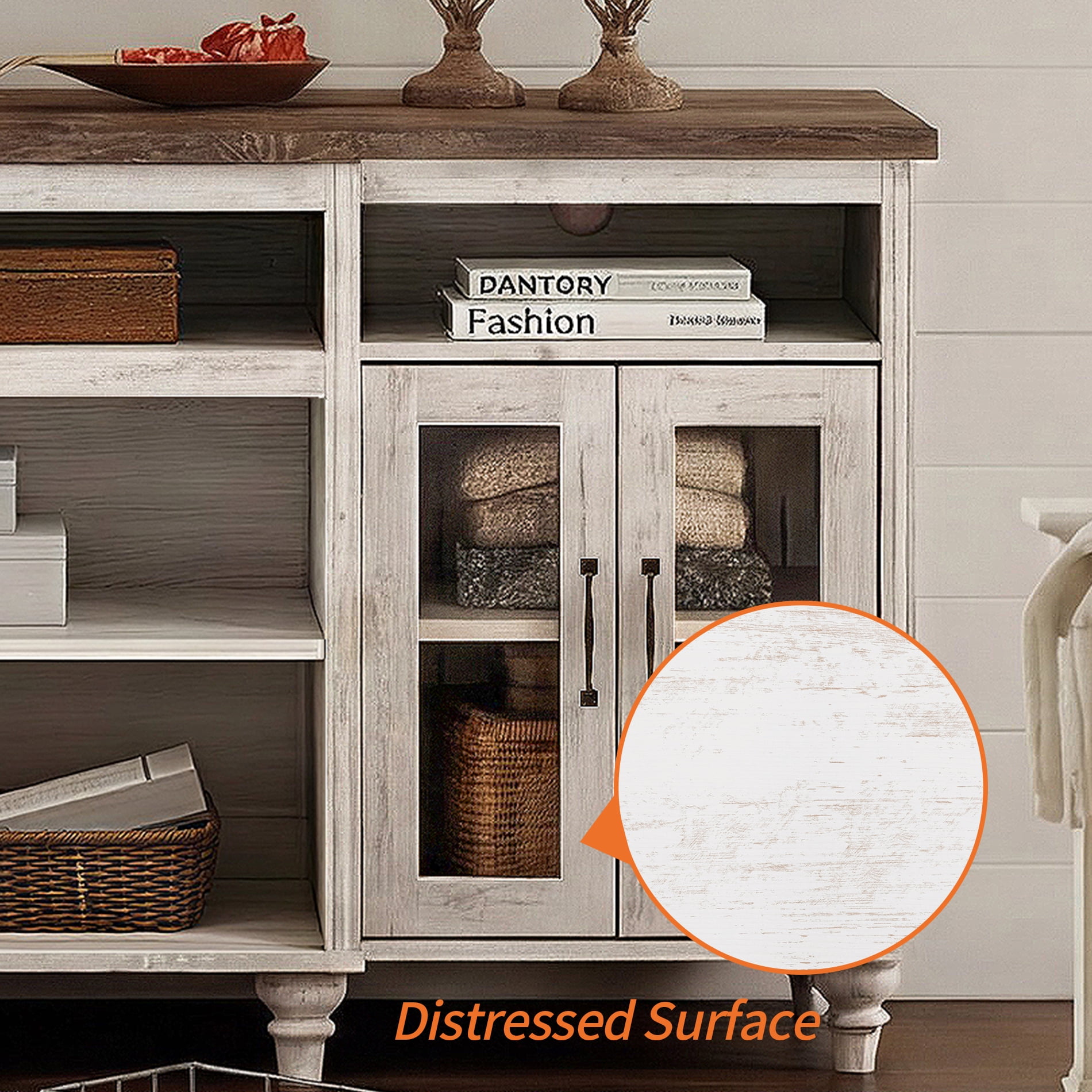 Farmhouse TV Stand for TVs Up to 75 inch, 4-Door Glass and Wood Universal TV Console with 9 Storage Cabinets, Entertainment Center Table for Living Room Bedroom, Rustic White