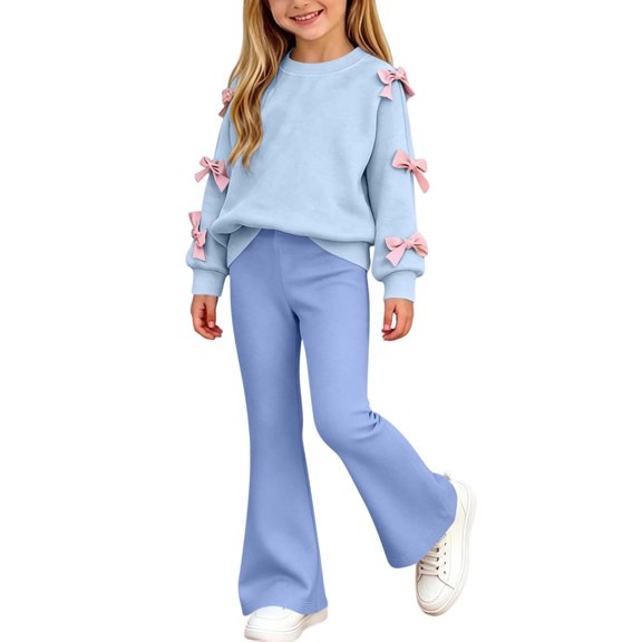 CYRBOKO Girls 2‑Piece Outfit Sets Size 10-12, Casual Fall Winter Elastic Waist Bow Long Sleeve Tops and Flare Pants Blue