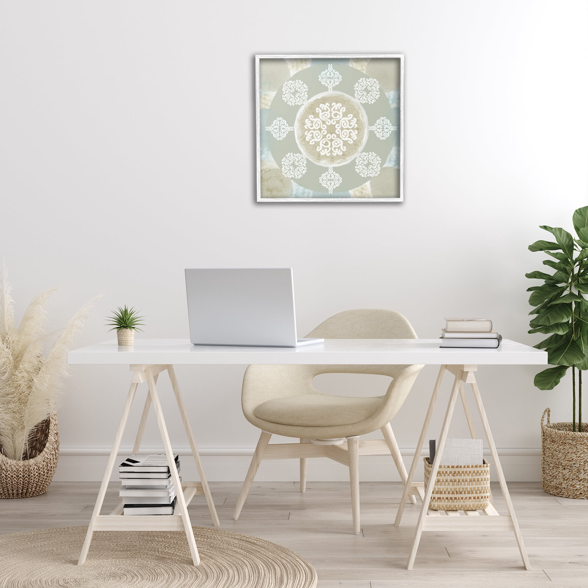 Stupell Industries Mint & Beige Mandala Abstract Painting White Framed Art Print Wall Art, 24 x 24