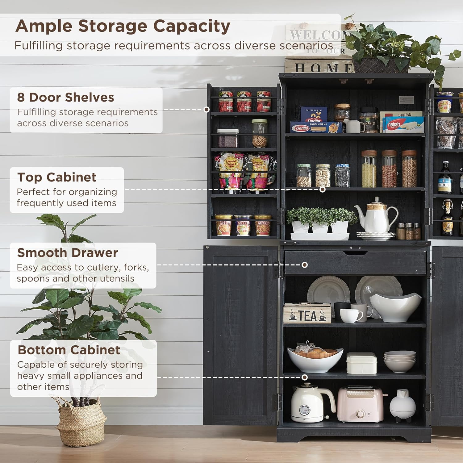 ACCOHOHO 72" Tall Kitchen Pantry Cabinets, Farmhouse Storage Cabinet with Barn Door, Drawer & Adjustable Shelves for Kitchen, Dining Room, Bathroom, Black
