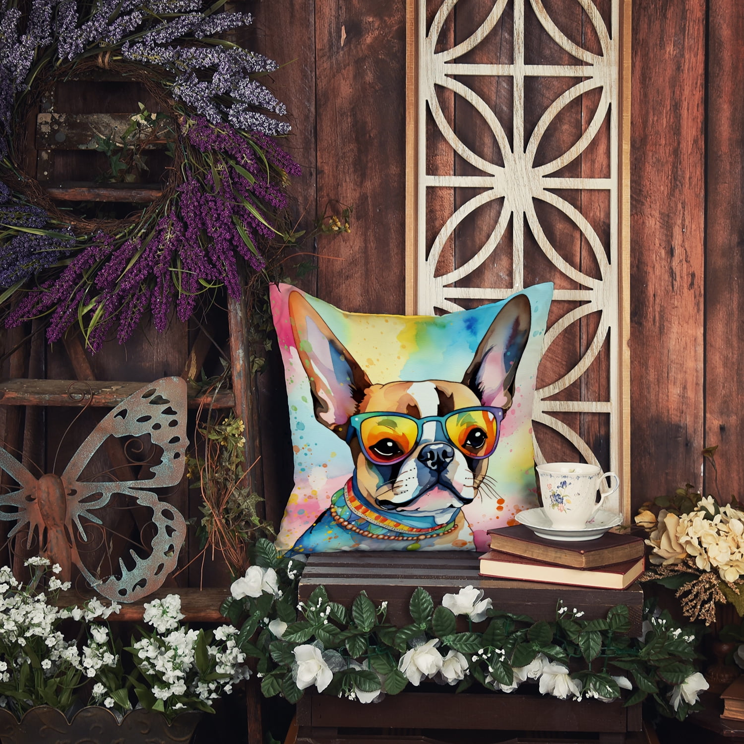 Boston Terrier Hippie Dawg Fabric Decorative Pillow 18 in x 18 in